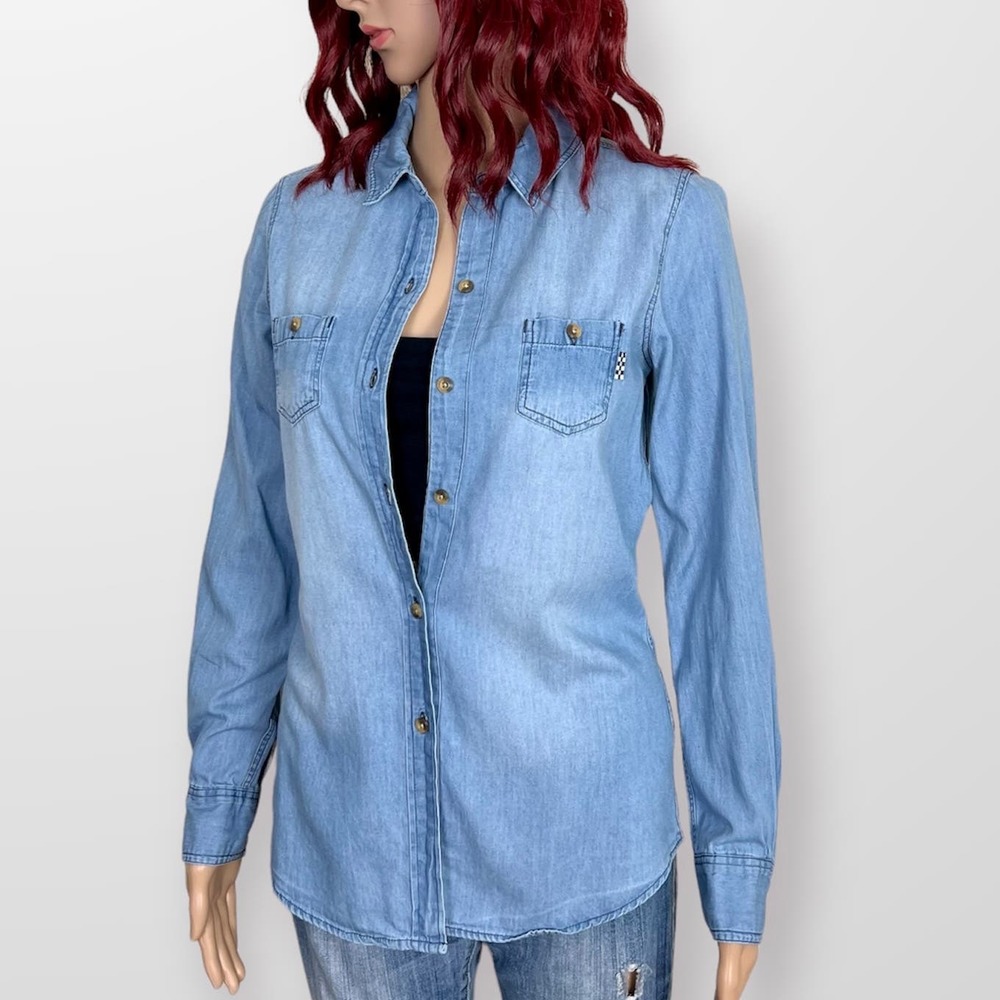 Vans Chambray Button Down Top Womens Xs Blue Coll… - image 1